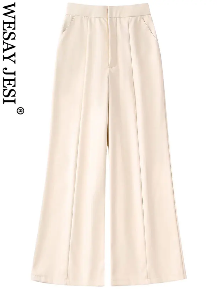 

WESAY JESI Fashion Skin-friendly High-quality Solid Color Beige Trousers Commuting Simple Zipper Pocket Wide-leg Pants Women