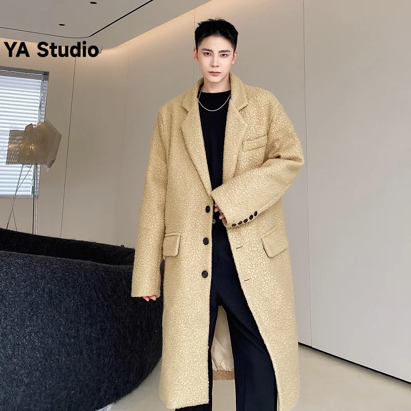 

[YA Studio] 2023 Winter Thickened Korean Version Of The Trend Woolen Coat Men's Long Lapel Simple Over The Knee Coat