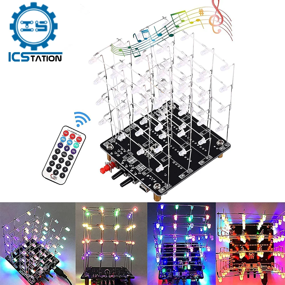 DIY Electronic Kit 3D Light Cube RGB LED Spectrum Soldering Project Practice Kit Remote Control Colorful Music Animation 4x4x4