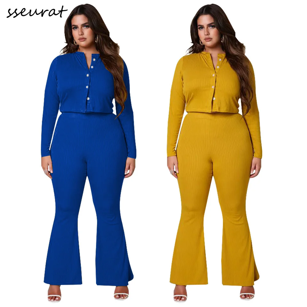 

Женский костюм из двух предметов, топ на пуговицах с длинным рукавом и расклешенные брюки с высокой талией, модные облегающие женские весен...