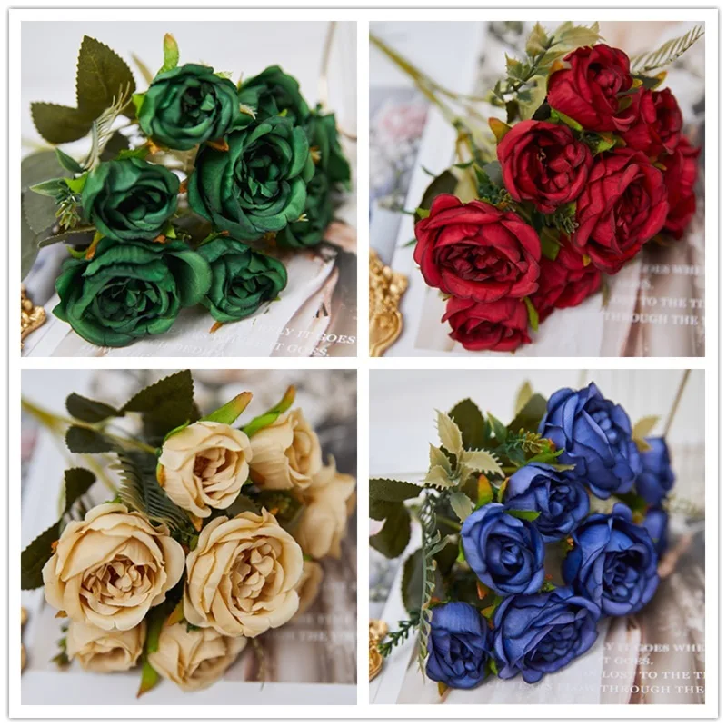 

Vintage 8 Heads Artificial Flowers Silk Peony Green Rose for Decorations Fake Fowers Wedding Table Room Party DIY Bouquet Decor