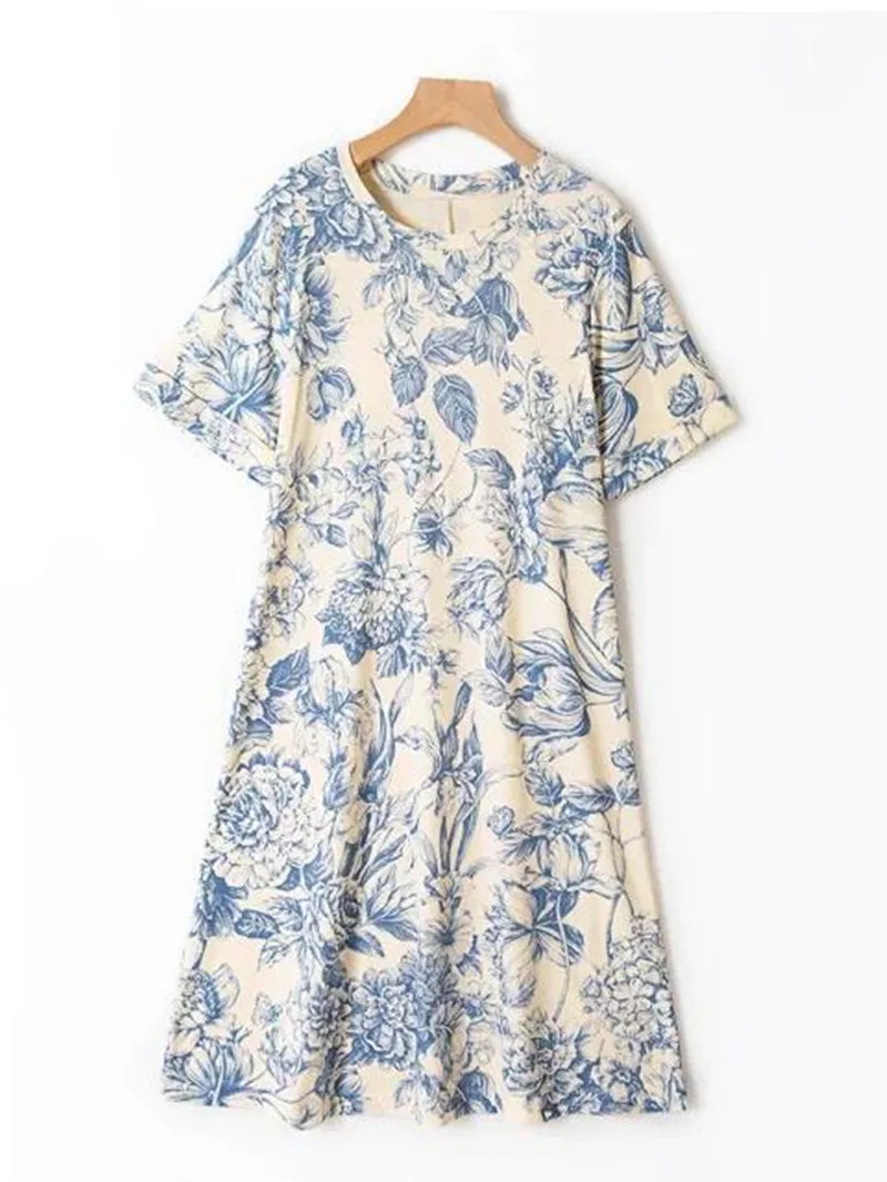 

Vintage Porcelain Printing Women Cotton Dress Short Sleeve Ladies Mini Robes 2022 new