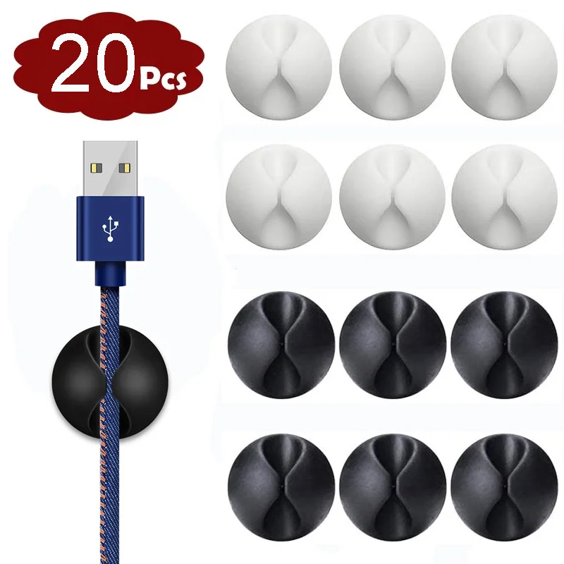

20pcs Silicone Winder Headphone Landline Cable Clip Office Desktop Organizer USB Charger Hub Clip Car Self-Adhesive Holder