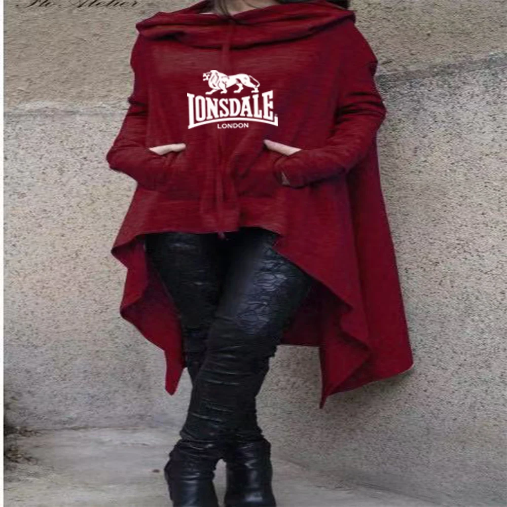 Фото Женская асимметричная худи LONSDALE из конопли с длинным рукавом, нестандартного кроя, для спорта и повседневной носки, свободная, в уличном стиле №5