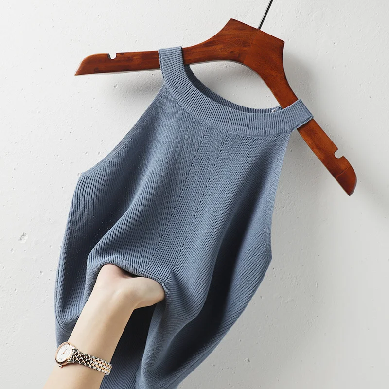 

Холтер твердые трикотажные женские топы летние новые 2022 эластичные офисные женские универсальные футболки с пуговицами