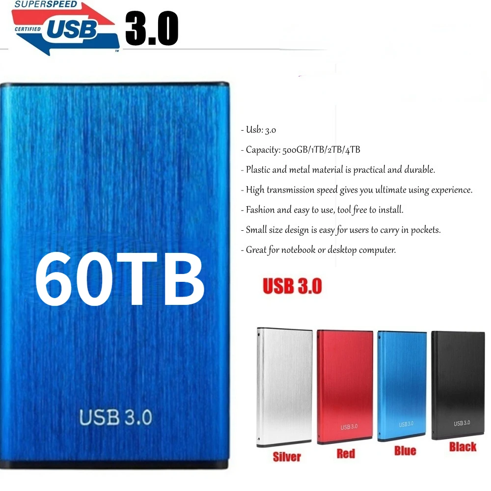 

High-speed Portable Hard Drive 60TB 30TB16TB 8TB Portable External Mass Storage 100% Original USB 3.0 Interface Metal Material