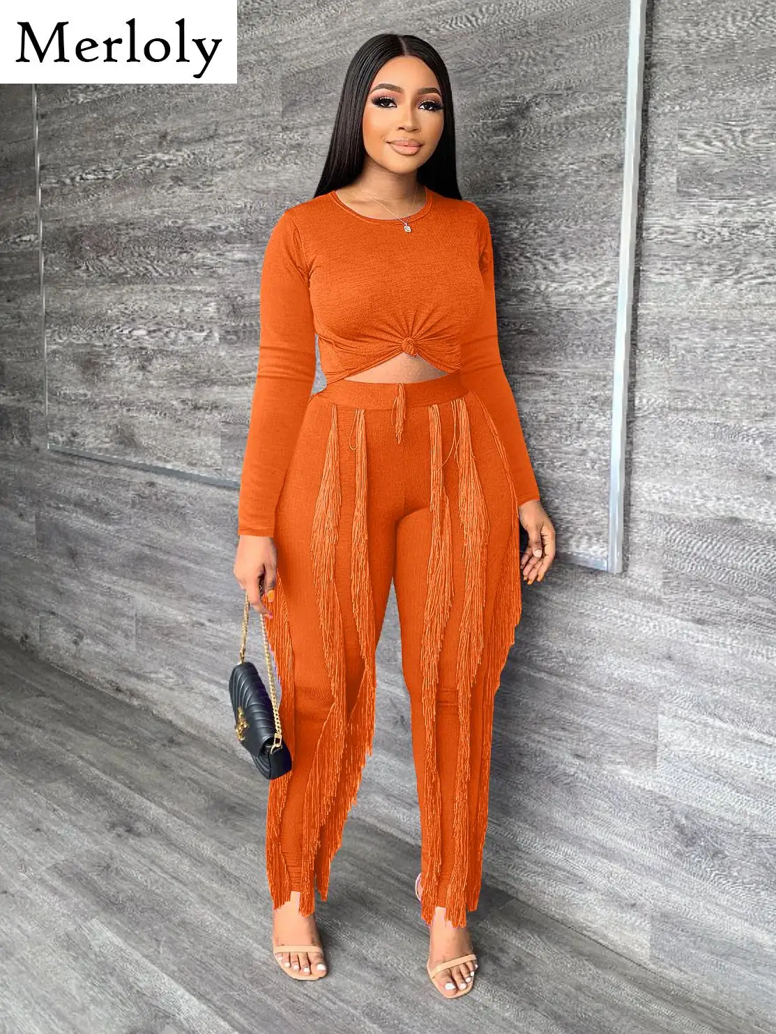 

Street Knit Ribbed Women Set Long Sleeve T-shirt and Tassel Pants Suit Elegant Tracksuit Two Piece Set Fitness Outfit