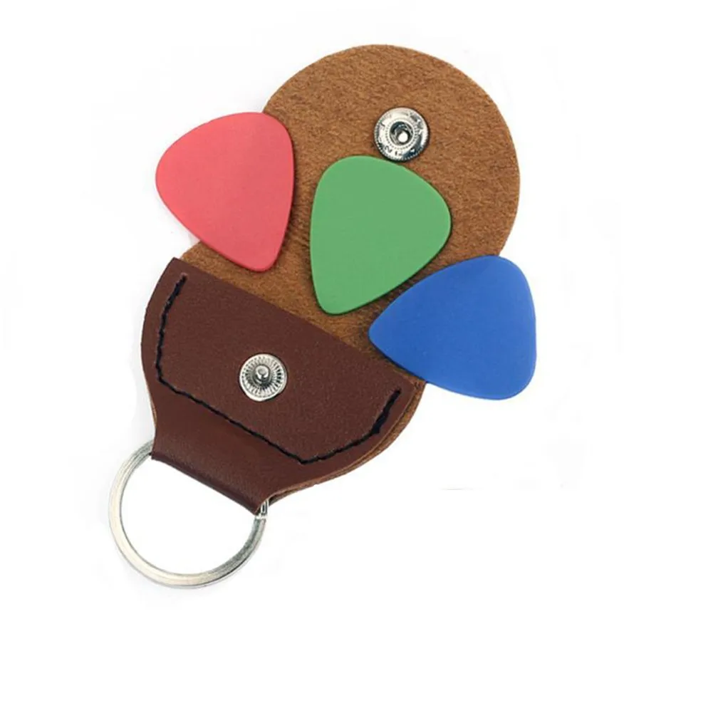 

Guitar Ukulele Bass Plectrum Pick Holder PU Leather Case Keyring Bag W/ 3 Picks Cool Key Ring Design Convenient Metal Button