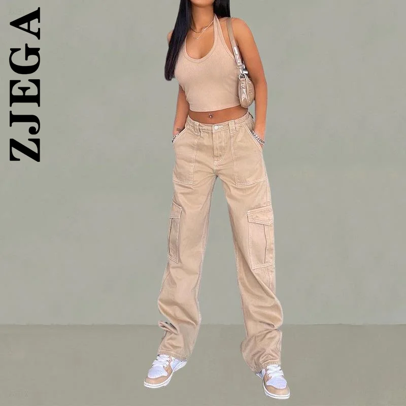 

Zjega женские модные брюки винтажные Брюки карго с карманами с клапаном качественные брюки облегающие модные брюки женские брюки