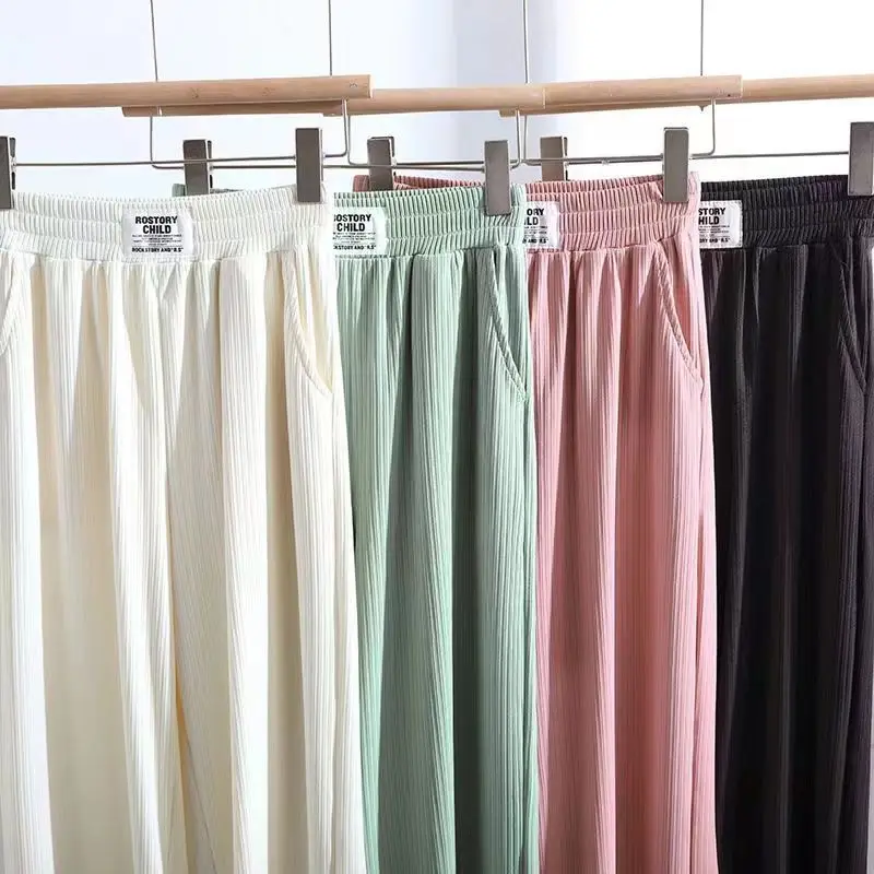 

Брюки женские из вискозы с широкими штанинами, тонкие повседневные свободные прямые трикотажные штаны с высокой талией, в вертикальном сти...