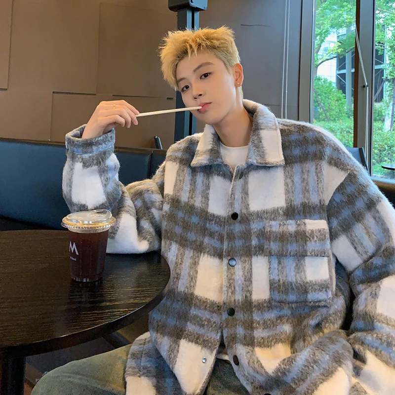 Graceful Wool coat Men's Autumn and Winter Korean Fashion Plaid Outerwear Japan fashion Retro Lapel Woolen Jacket