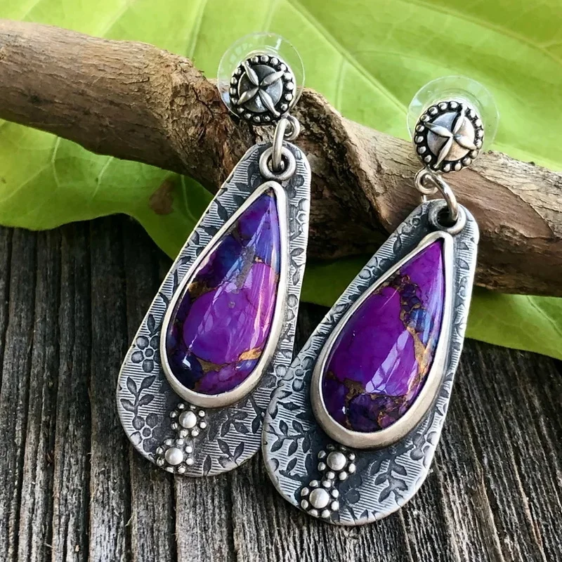 

Vintage Boho Silver Color Hand Engraved Cross Pattern Earrings Classic Purple Stone Pendant Women's Earring Wedding Jewelry
