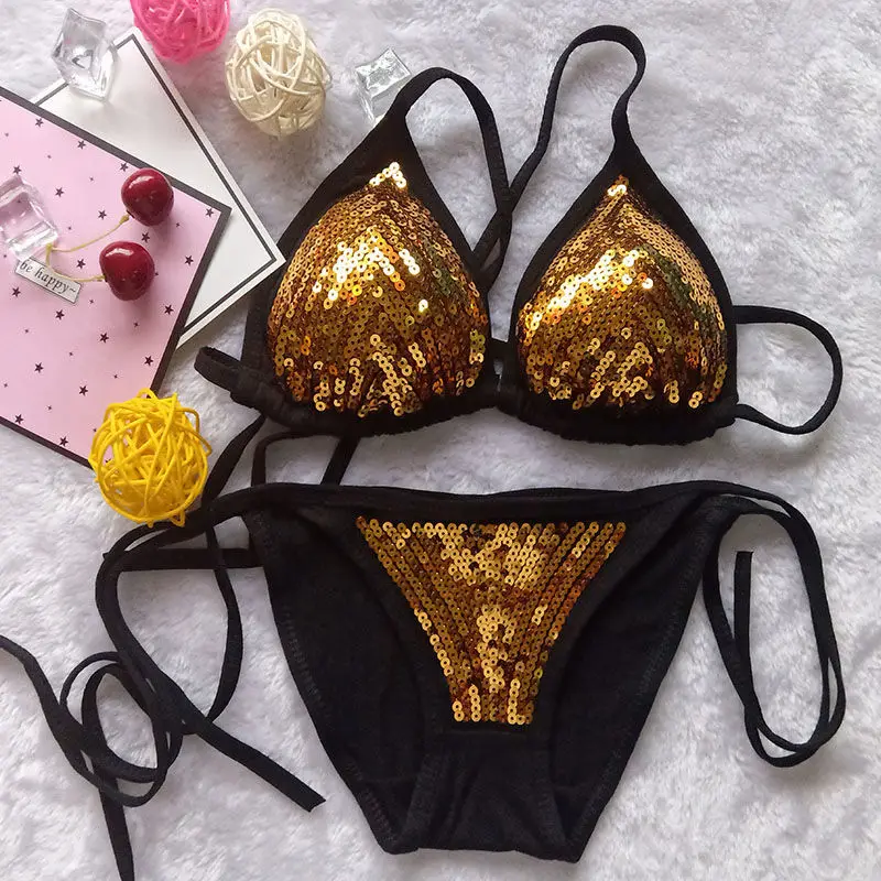 

Women Lingerie Set Bra Panty Set Glitter Embroidery Sequins Ultra Thin Sexy Temptation Hollow Out with Sponge Strap-style