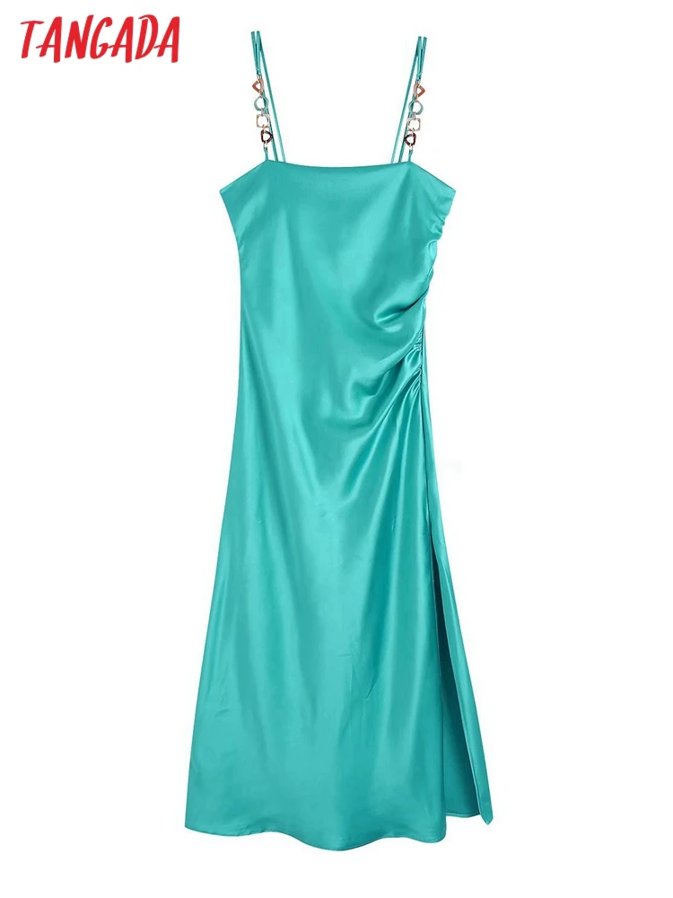 

Tangada Women's Summer Chain Strap Satin Midi Dress Sleeveless 2022 Fashion Lady Elegant Dresses BE111