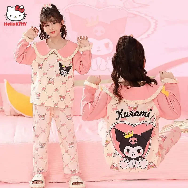 

Kawaii Sanrio Hello Kitty Long-sleeved Children's Pajamas Kuromi Casual Fashion Clothes Autumn Cardigan V-neck Girl Homewear Set