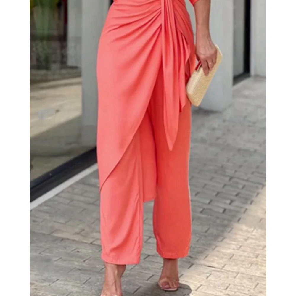 Lady Solid Elegant Two Pieces Set Women Short Sleeve V-Neck Long Top & High Waist Pencil Pants Set Elegant Woman Clothing