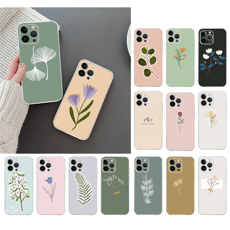

Phone Case For iphone 14 13 12 11 Pro Max XS Max XR X 12mini 14 Plus SE Flower Leaves Case Funda Capa Cell