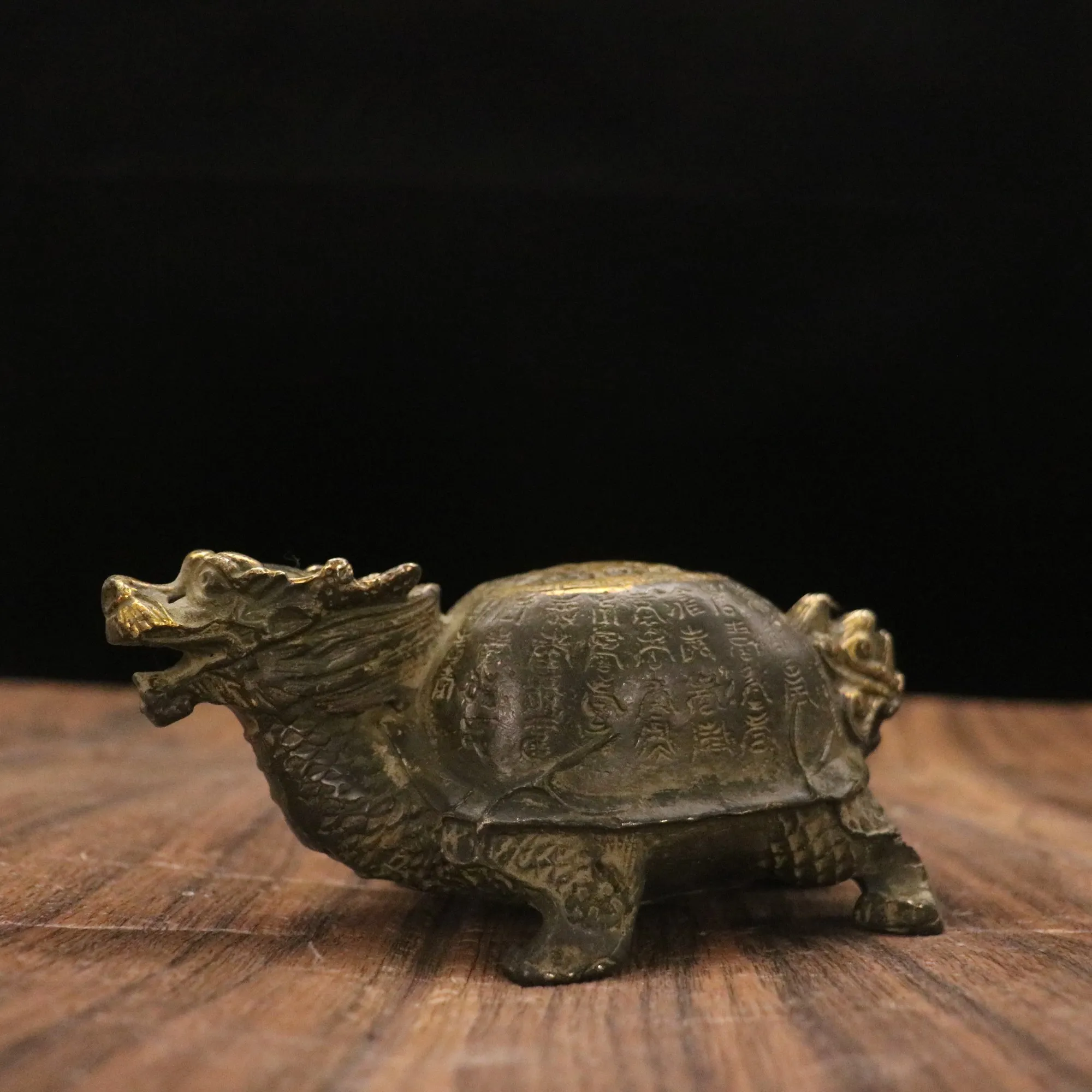 

6" Chinese Folk Collection Old Bronze Patina Gilt longevity dragon turtle statue Gather fortune rich ornament Town house Exorcis