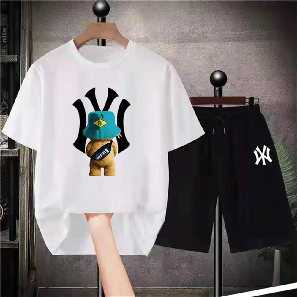

Summer Men's T-shirt Beach Shorts Set 3d Printed Teddy Bear Luxury Brand Solid Color Fashion Clothing Crew-neck Short-sleeved