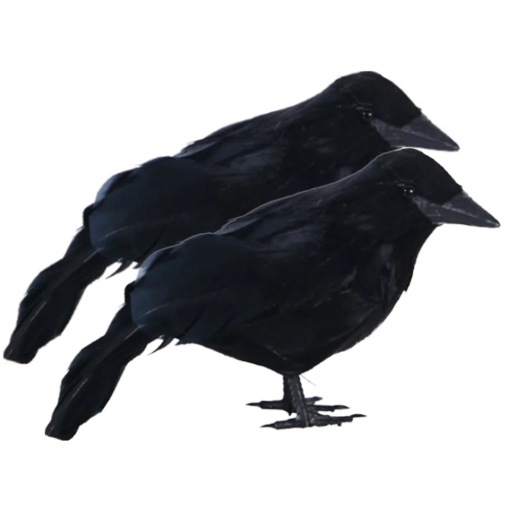 

2 Pcs Desktop Crow Decor Halloween Decoration Wooden Crafts Adornment Haunted House Prop Simulated Plume Decorations
