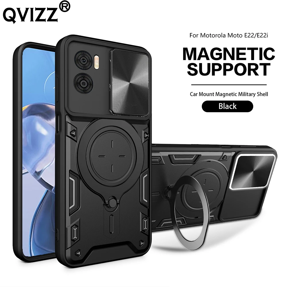 

Slide Camera Case for Motorola Moto E22 E22i Luxury Car Mount Magnetic Holder Armor Shockproof Hard Phone Cover MotorolaMotoE22i