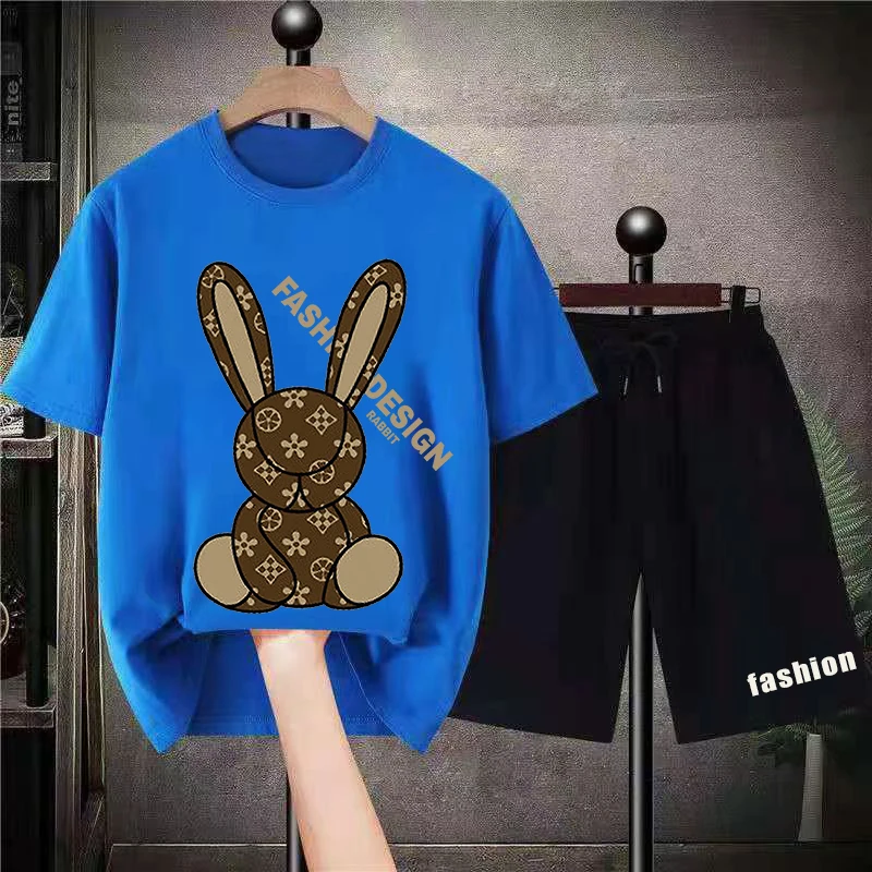 Fashion New Luxury Brand T Shirts Sets Mens Rabbit Print Streetwear Sportwear Tracksuits Male 2 Piece Tops Shirt Suits Clothes