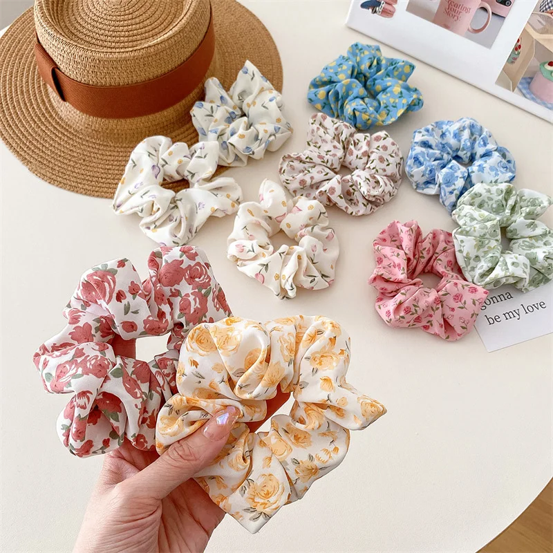 

Korean New Small Fresh Sweet Hair Scrunchies Floral Printed Rubber Band Elegant Ponytail Holder For Women DIY Hair Accessories