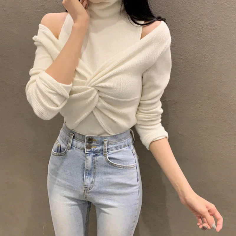 

Fall Winter Temperament Off-shoulder New High Neck Pullover Women's Hollow Twisted Long Sleeve Top Tight-fitting Solid Knitwear