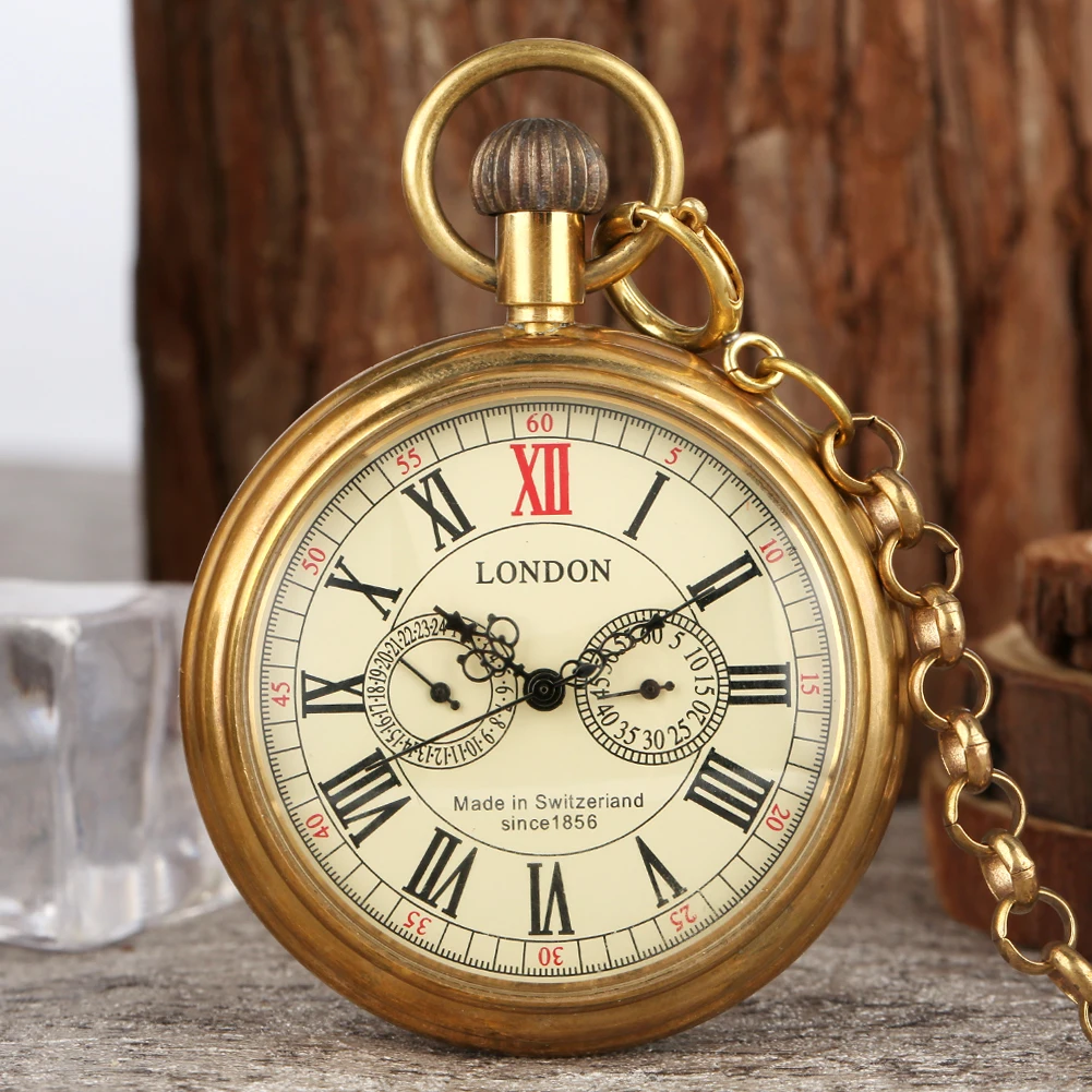 Brass Automatic Mechanical Pocket Watch Open Face Roman Numerals Dial Luxury Vintage Fob Chain Vintage Pocket Clock