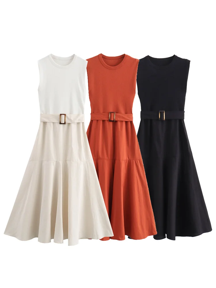 Женское винтажное платье с поясом круглым вырезом без рукавов