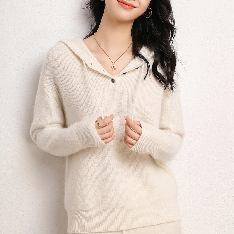 Loose Lazy Pure Cashmere Sweater Autumn and Winter New Women's Hooded Pullover Thick Warm Versatile Knitted Hoodie Sweater