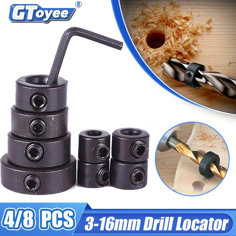 

Woodworking Drill Locator 3-16mm Shaft Depth Stop Collars Ring Positioner Drill for Wood Drill Bit with Hexagon Wrench Bit Tool