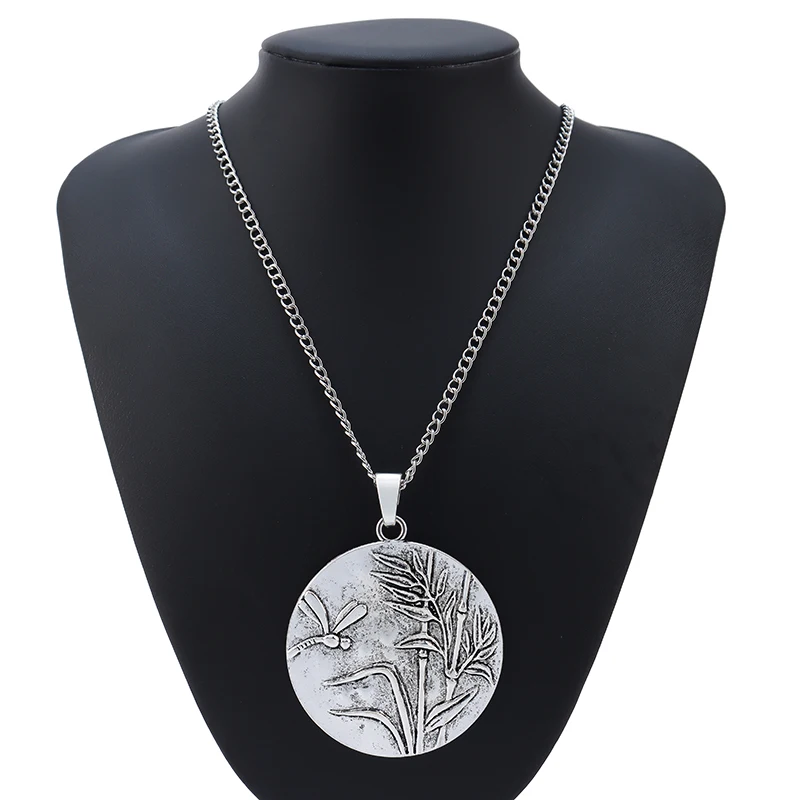 

1 x Tibetan Silver Metal Abstract Dragonfly Reed Round Jewelry Pendant Charms Necklaces on Long Link Chain Lagenlook 34