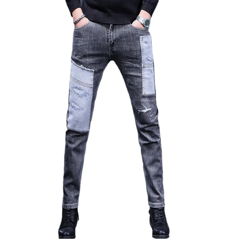 Fashion Patchwork Ripped Jeans Men Autumn Slim Fit Straight Pants Korean Style Streetwear Black Gray Denim Trousers CP2007