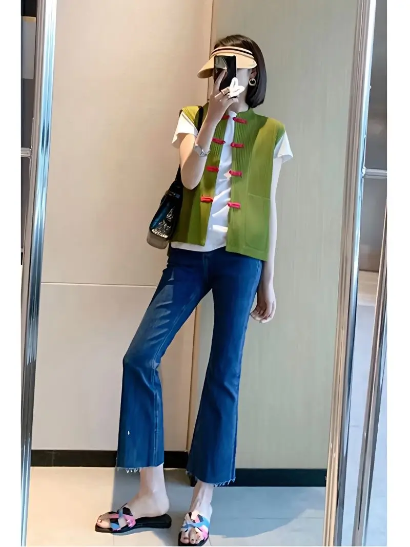 

Green Button Vest Thin Coat Women's Spring And Autumn 2023 New Temperament Short Top
