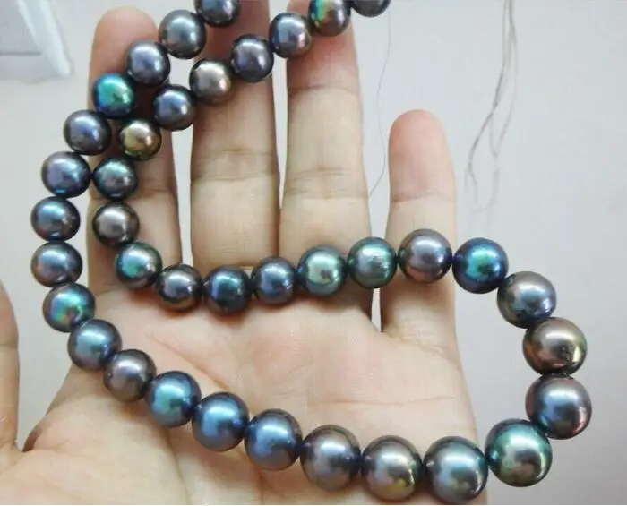 

Jewelry Pearl NecklaceSuperb 17inch10-11mm Natural Tahitian genuine black peacock round pearl necklace