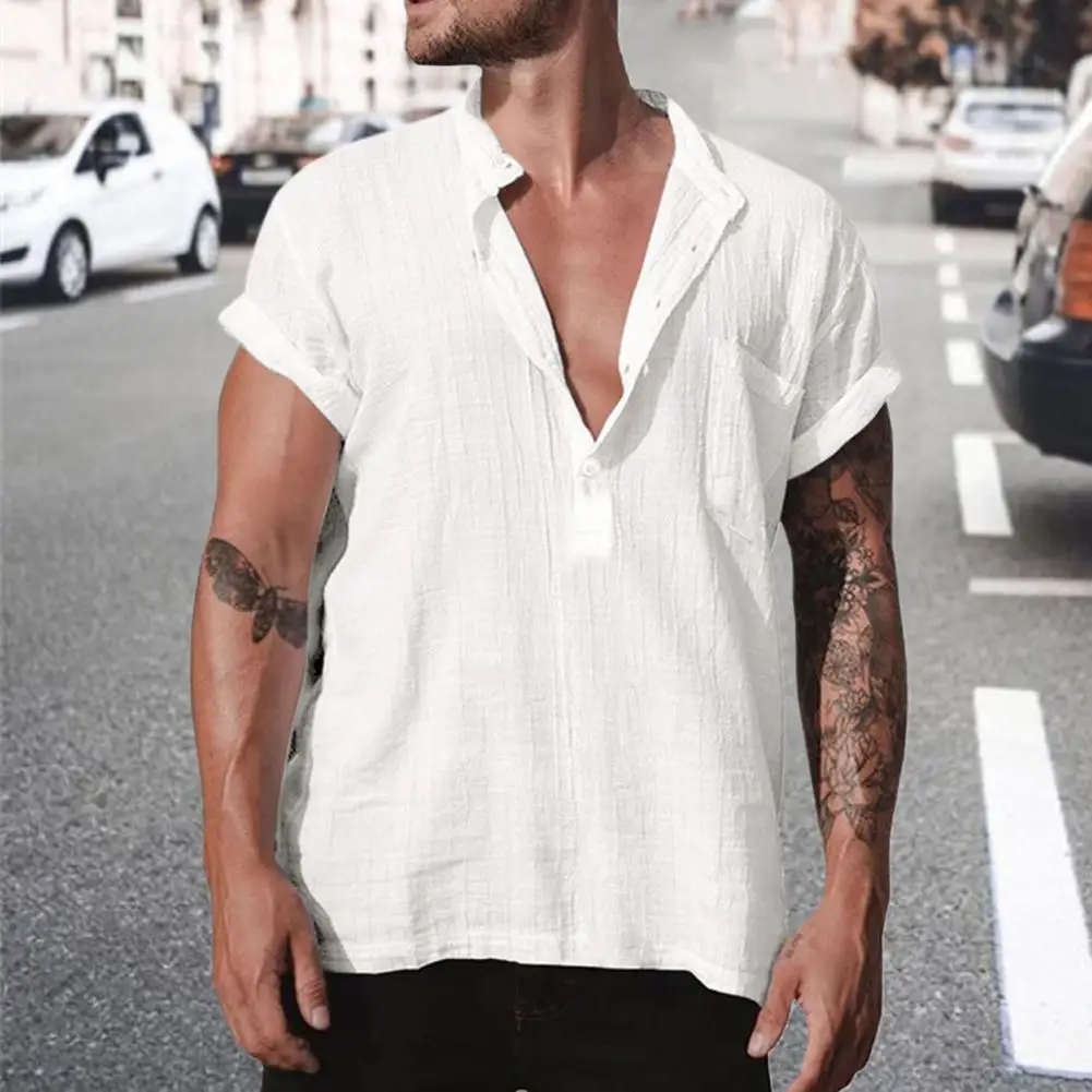 

Stylish Men Summer Top Buttons Pullover Pure Color Quick Dry Men Top Comfortable Men Summer Shirt Men Clothes