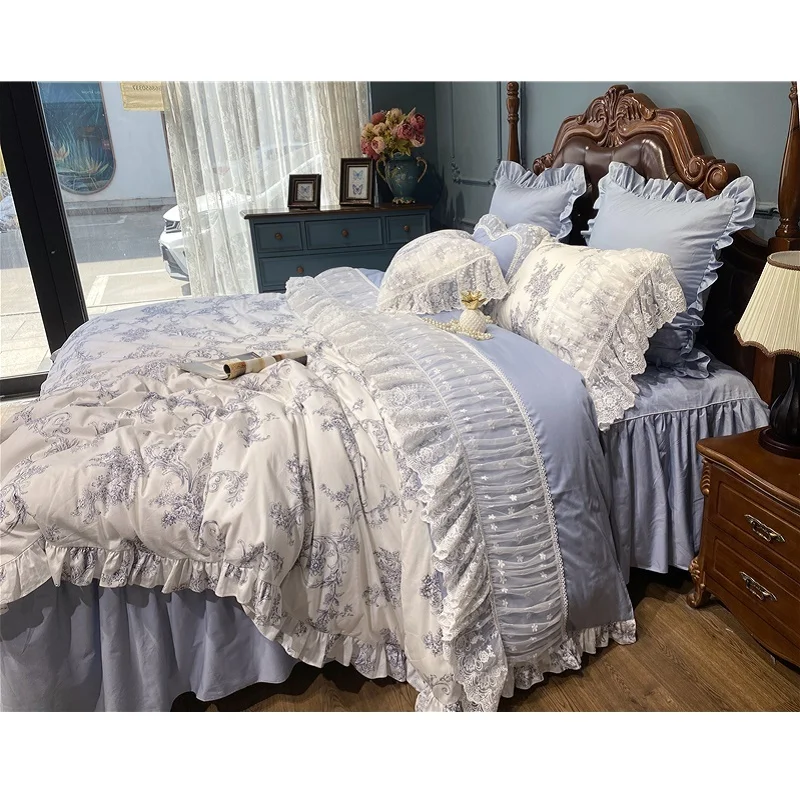 

French Vintage Rural Floral Princess Bed Skirt Bedding Romantic White Lace Edge 400TC Cotton Quilt/Duvet Cover Set Pillowcas