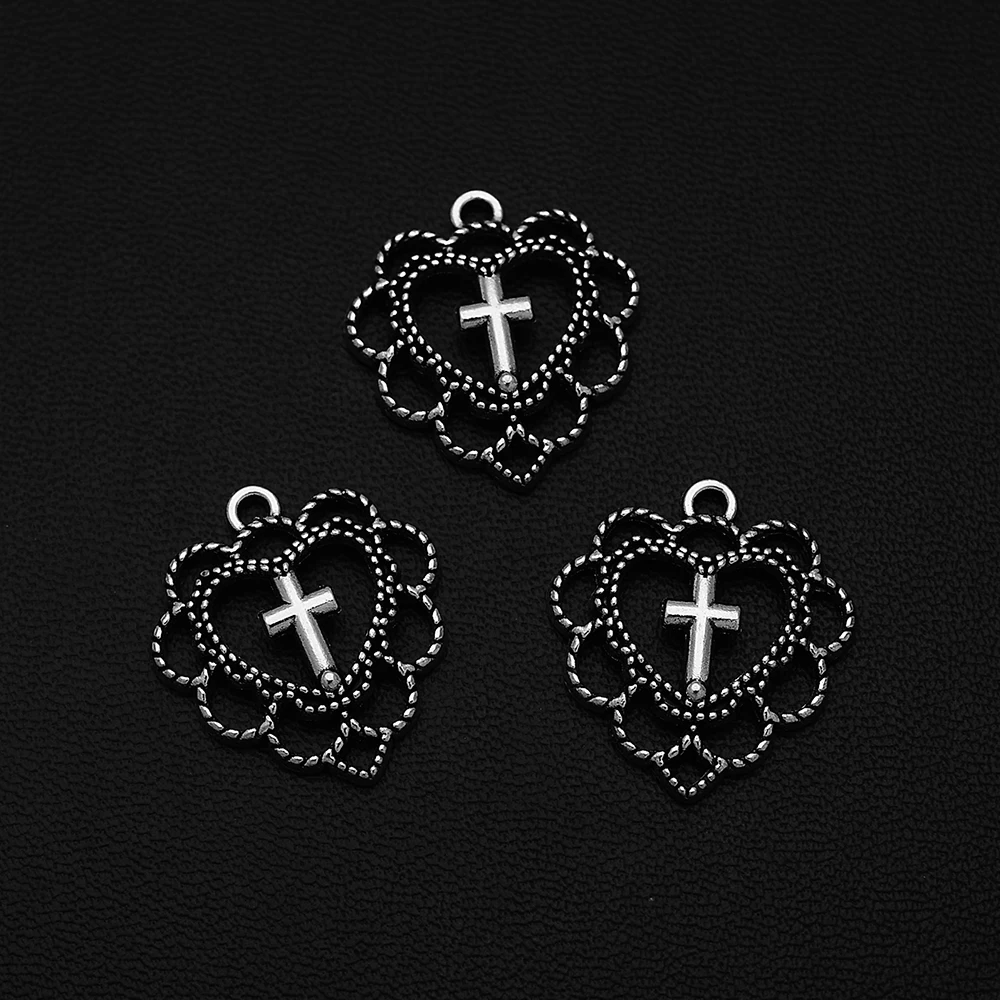 

10pcs/Lots 20x21mm Antique Silver Plated Cross Heart Love Charms Flower Hollow Pendant For Diy Hqd Bulk Wholesale Jewelry Making
