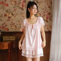 wasteheart summer pink womens sleep nightwear pajama sets sleepwear suits luxury nightgown 2 pieces lace bow homewear classical