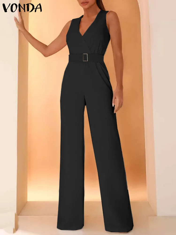 

Women Summer Jumpsuits VONDA 2023 Casual Sexy Sleeveelss V-Neck Belted Solid Color Long Rompers Elegant Streetwear Playsuits