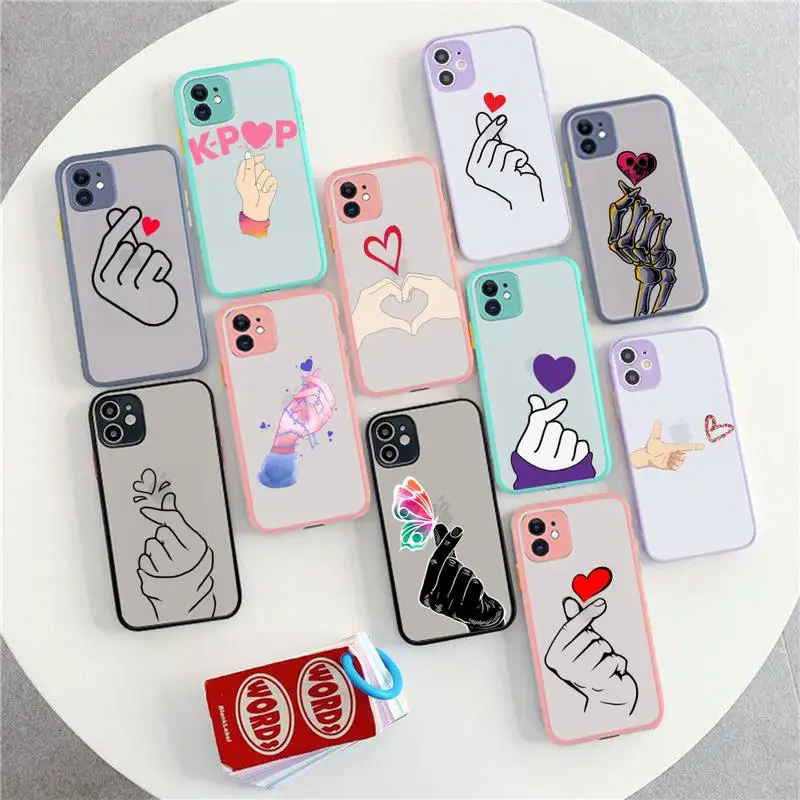 

Love On The Finger Kpop Heart Phone Case for iPhone X XR XS 7 8 Plus 11 12 13 pro MAX 13mini Translucent Matte Shockproof Case