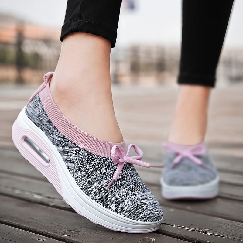 

Floral 2021 Butterfly Knot Mesh Breathable Casual Swing Wedges Women Shoes Height Increasing Platform Sneakers Chaussure Femme