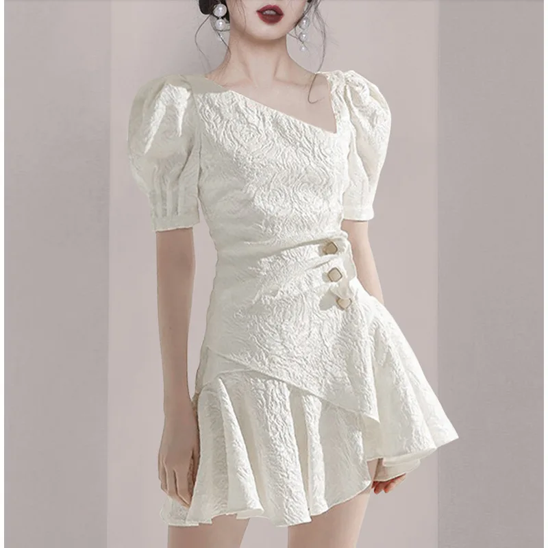 

2022 New Mini Dresses For Women French White Elegant Irregular Neck Dress Korean Summer Fashion One-Piece Dress Puff Sleeve