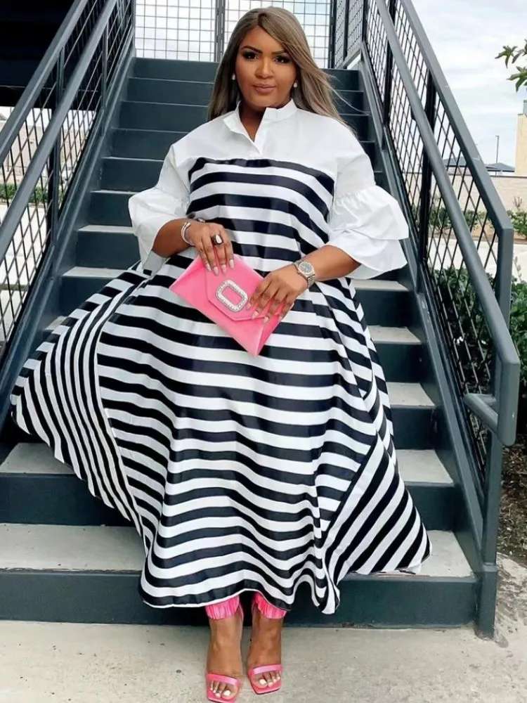 African Dresses For Women Stripe Print Long New Fashion African Maxi Dress Muslim Fashion Abaya Dres 2022 Africa Clothing