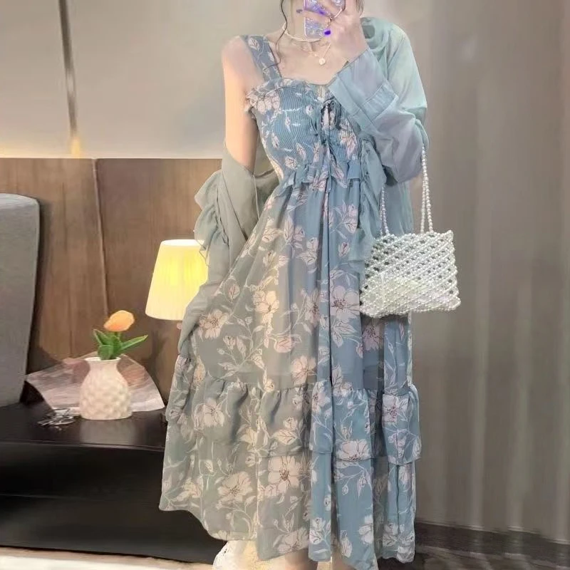 

Summer Chiffon Print Floral Dress Women Ruffle Spaghetti Strap Beach Midi Dress