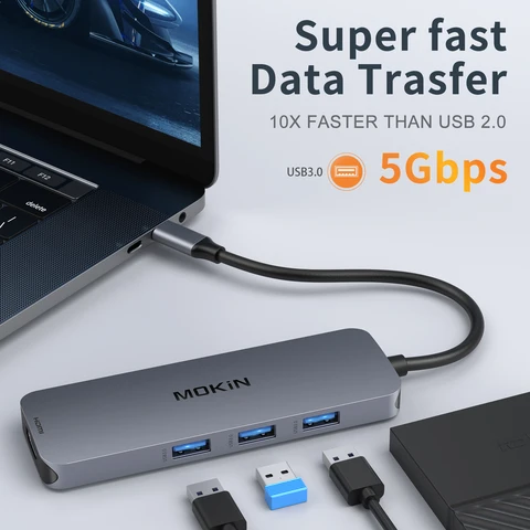 Док-станция MOKiN 8 в 1 — USB3.0, HDMI 4K30 Гц, HDMI 4K60 Гц, PD 100 Вт — идеально подходит для MacBook Air/Pro, iPad, ноутбука Thunderbolt