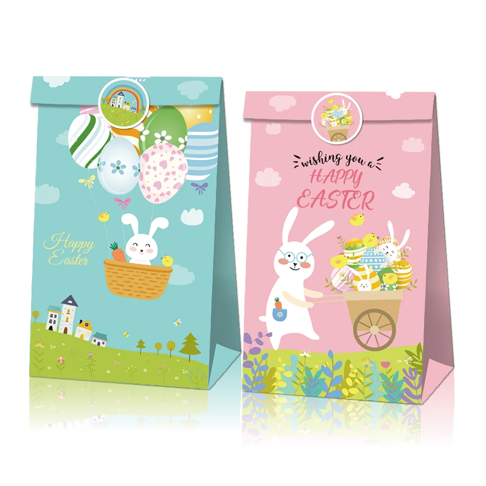 

LB065 12Pcs Cartoon Rabbit Happy Easter Day Birthday Party Candy Packing Kraft Paper Gift Bags Baby Shower Party Decorations Bag