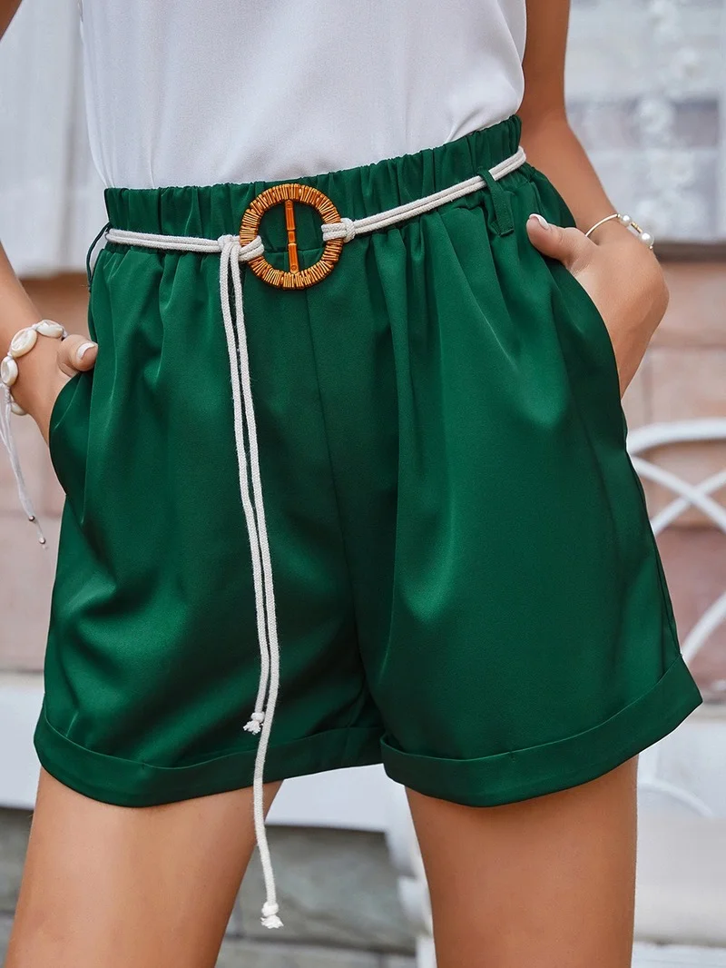 Summer Women Comfortable Casual Loose Shorts with Belt New Green Mid-waist Female Harajuku Solid Color Shorts Fashion Streetwear