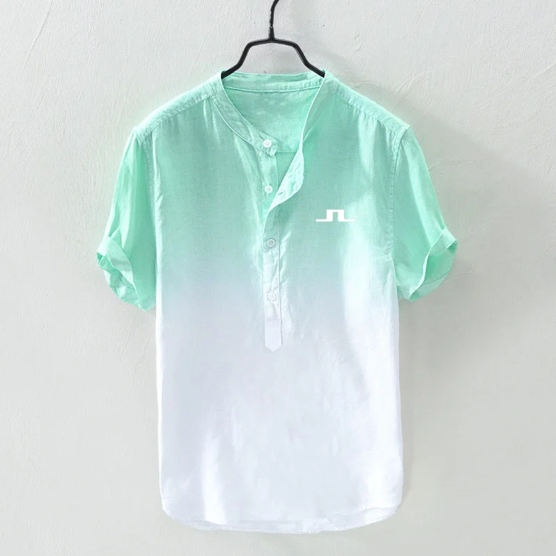 Men Golf Cotton and Linen Shirt Short-sleeved Men's Cool Thin Breathable Youth High Collar gradation Color Top